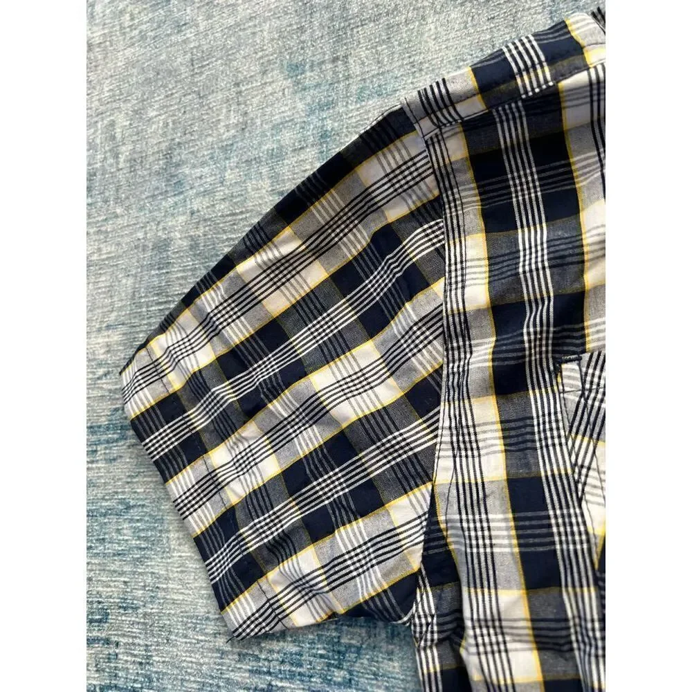 NWT! Mick Mack Dark Blue White Yellow Plaid Short Sleeve Button Down Size 7